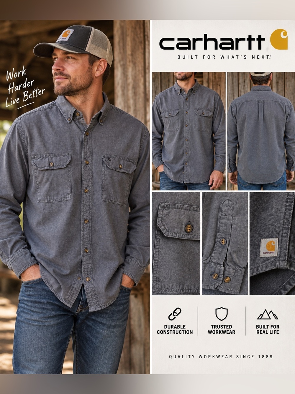 Carhartt Men’s Gray Button Up Work Shirt Long Sleeve Utility Workwear